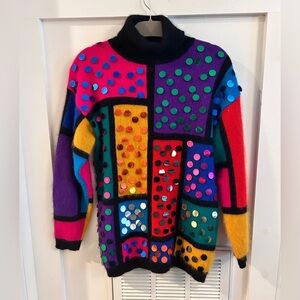Rafaella Vintage Loud Colorful Sequin rabbit lambswool Blend Turtleneck Sweater